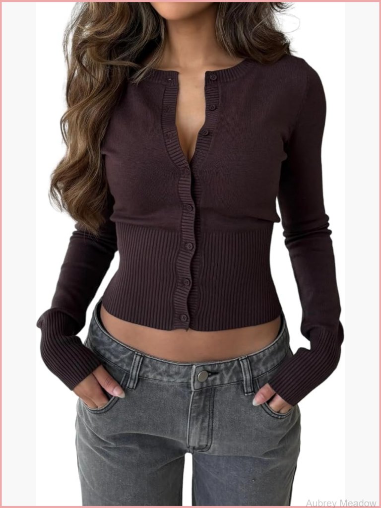 Y2k Cinched Waist Knit Crop Cardigan Crew Neck Long Sleeve Button Up Sweater